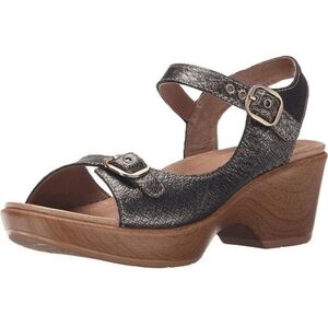 Dansko‎ Joanie Metallic Pewter Leather Ankle Strap Buckle Platform Sandals 42